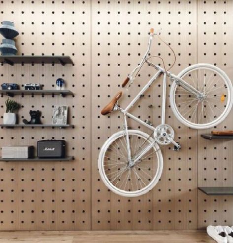 Bicycle Room, Wooden Pegboard, Gear Room, Bike Hanger, Bike Room, Garage Organization Diy, Bicycle Storage, Modern Garage, Garage Interior