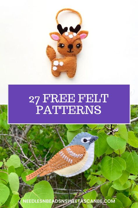 I love making felt crafts, especially with a free pattern.  And this is a round-up of 27 free felt patterns for you to make. Woodland Mobile Diy Pattern, Felt Birds Pattern Free, Felt Animal Mobile Diy Free Pattern, Xmas Felt Decorations Free Pattern, Cute Felt Patterns, Free Felt Bird Patterns, Felt Bunny Patterns Free Printables, Diy Felt Bird Ornaments, Felt Bird Christmas Ornaments