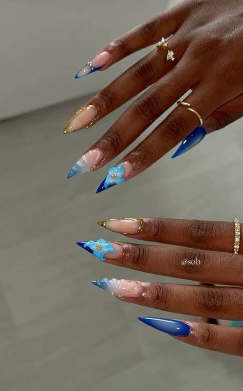 Blue Stilleto Nail Design, Teal Stiletto Nails, Stiletto Blue Nails, Royal Blue Stiletto Nails, Blue Nails Medium Length, Blue Nails Stiletto, Blue Almond Nails Design, Pisces Nails Designs, Twenty Ate