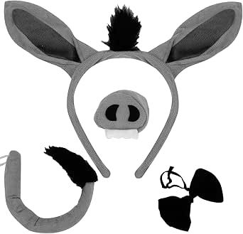 Tihebax Donkey Costume Accessory 4 Pcs a Set Donkey Ears Headband Donkey Nose Tail and Bow Tie, Donkey Costume for Cosplay, Party, Halloween Donkey Ears Headband, Donkey Ears, Donkey Costume, Shrek Party, Shrek Costume, Halloween Costume Adult, Ears Headband, Animal Masks