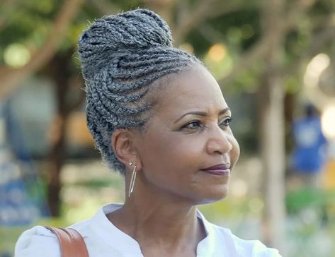 21 Inspiring Grey Hairstyles for Black Women Over 50 Gray Cornrows Black Women, Grey Cornrows Braids, Gray Box Braids Hairstyles, Braids For Black Women Over 50, Grey Cornrows, Grey Hair Braids Black Women, Grey Hairstyles For Black Women, Gray Braids For Black Women Silver Hair, Salt And Pepper Braids Black Women