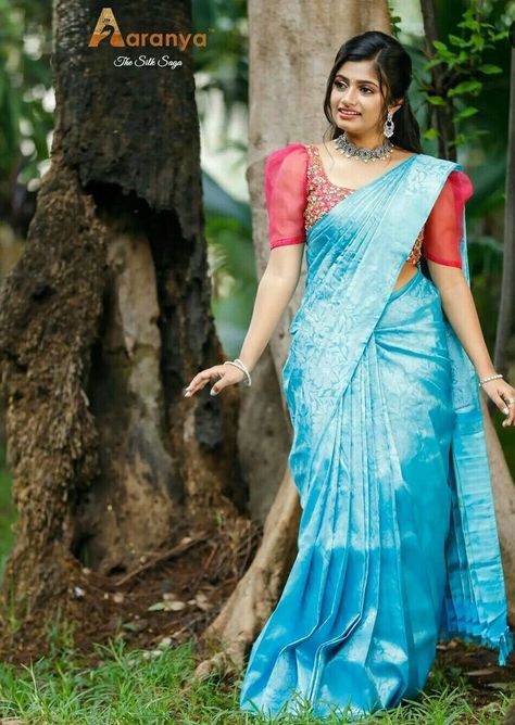 Sky Blue Saree Blouse Combination, Sky Blue Saree Contrast Blouse, Seemantham Saree, Blue Saree Contrast Blouse, Haldi Outfit Ideas, Contrast Saree, Grey Anarkali, Blue Skirt Outfits, Sky Blue Saree