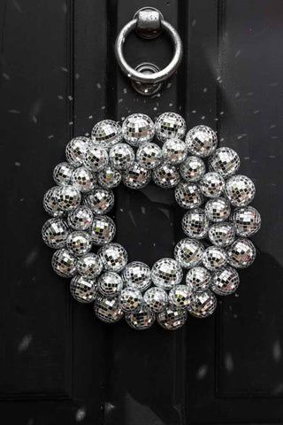 Disco Christmas Tree, Christmas Wreath Hanging, Disco Ball Christmas, Disco Christmas, Silver Disco Ball, Bauble Wreath, Wreath Hanging, Beautiful Front Doors, Ball Wreath