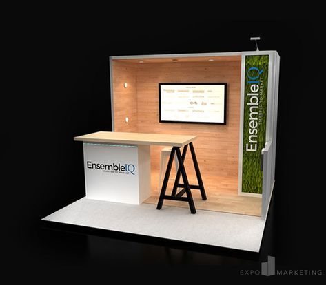 This custom 10x10 trade show booth includes puck lighting, faux green wall panel, 3D letters, custom reception desk, and TV monitor. Meet new clients in this inviting custom booth! All elements can be customized to fit your branding. View more of our designs in our portfolio! Tradeshow Booth Design 10x10, Display Stand Design Ideas, Convention Booth Design, Expo Booth Design, Booth Design Ideas, Convention Booth, Event Booth Design, Expo Stand, Booth Designs