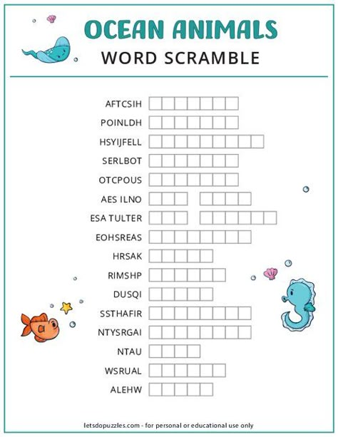 Ocean Animals Word Scramble Printable Under The Sea Word Search, Ocean Worksheets For Kids, Ocean Theme Games, Ocean Word Search, Ocean Worksheets, Word Scramble For Kids, Science Word Search, Word Unscramble, Ocean Games