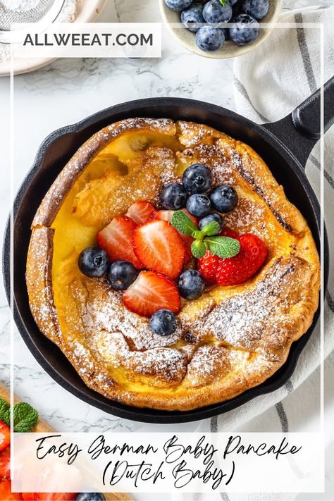 Whip up an Easy German Baby Pancake (Dutch Baby) in minutes! This golden, puffed pancake is baked in the oven and perfect for breakfast or brunch. Light, fluffy, and delicious, top it with powdered sugar, syrup, or fresh fruit. A simple one-bowl recipe your family will love. #GermanPancakes #DutchBaby #BreakfastIdeas #BrunchRecipes #EasyBaking #QuickRecipes #FamilyFavorites Sweet Brunch Recipes, Dutch Baby Pancake Recipe, Dutch Baby Pancakes, Dutch Baby Recipe, Sweet Brunch, Dutch Babies, Baby Pancakes, German Pancakes, Best Brunch Recipes