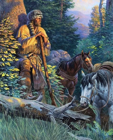 Western Art Paintings, Picture Story Prompts, Mountain Man Rendezvous, Brave Man, Western Artwork, Hunting Art, Daniel Boone, Time Alone, American Frontier