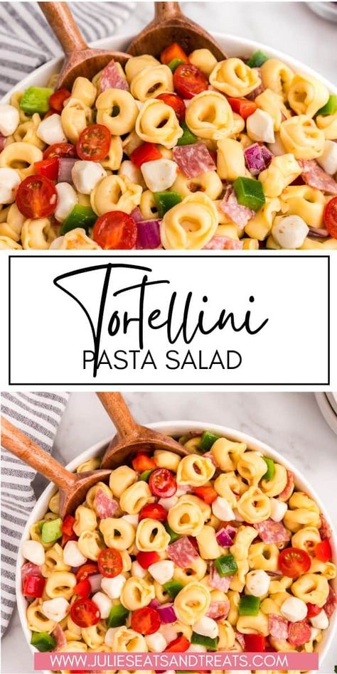 Craving a tasty and simple cold pasta salad? Our tortellini pasta salad is packed with flavor and is super quick to make. Imagine a cool pasta salad loaded with cheesy tortellini, juicy cherry tomatoes, crisp red onion, and sweet peppers, all mixed with creamy pearl mozzarella and drenched in zesty Italian dressing. Tortillini Salad, Tortolini Recipe, Simple Italian Dressing, Sweet Pasta Salads, Italian Dressing Pasta Salad, Tortellini Pasta Salad Recipes, Tortellini Pasta Salad, Complicated Recipes, Pasta Salad Ingredients