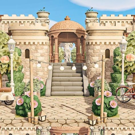 Acnh Museum Dimensions, Acnh Manor House, Acnh Castle Garden, Elegant Acnh Island, Acnh Castle Build, Animal Crossing Royalcore, Acnh Elegant Entrance, Animal Crossing Greek Theme, Acnh Ruined Path