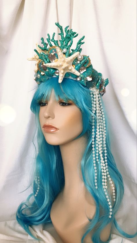 Mermaid Queen Costume, Coral Reef Headpiece, Mermaid Head Piece, Ocean Headpiece, Ocean Costume Ideas, Sea Goddess Costume, Mermaid Crown Diy, Ocean Crown, Ocean Costume