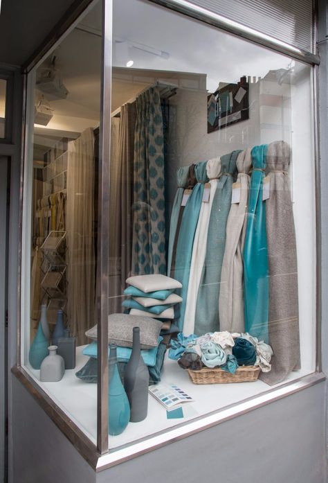 Charity Shop Display Ideas, Curtain Display, Fabric Shop Display, Furniture Store Design, Curtains Uk, Best Curtains, Window Display Retail, Lounge Interiors, Retail Store Display