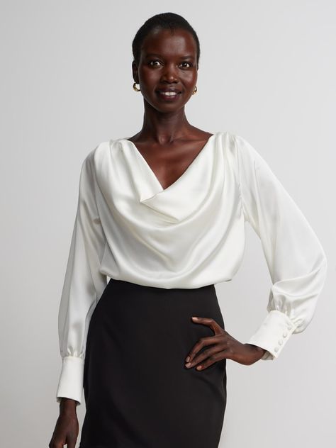 Long Sleeve Satin Cowl Neck Top | New York & Company Cowl Neck Blouse, Cowl Neck Long Sleeve, Cowl Neck Top, Satin Top, Look Your Best, White Satin, Winter White, Large White, White Long Sleeve