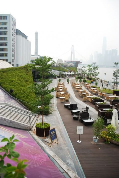 Restaurant facing waterfront Factory Landscape, Beer Factory, Plaza Design, Urban Landscape Design, Public Space Design, Pearl River, Meteor Garden 2018, Easy Landscaping, Magic Garden