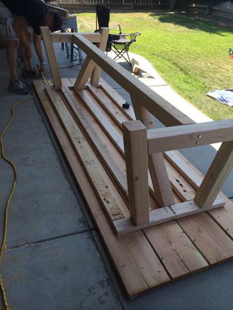 Progress Shot of Real Reader Build on The Design Confidential / Provence Beam Dining and Provence Benches Outdoor Table Diy, Beam Dining Table, Wood Outdoor Table, Dining Table With Benches, Outdoor Farmhouse Table, Wooden Outdoor Table, Barbacoa Jardin, White Farmhouse Table, Diy Garden Table