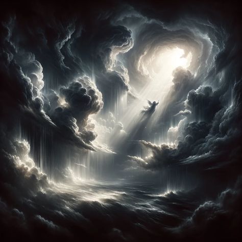 A realistic depiction of a powerful storm scene inspired by biblical contexts, showcasing dark, swirling clouds in the midst of heavy rainfall. Light emanates from the center, symbolizing the presence of God, who is not visually represented but implied through the dramatic interplay of light and shadow across the stormy skies. The scene captures the awe and majesty of nature, intertwined with a divine presence, evoking a sense of reverence and wonder. Storm God, God Rays, Sky God, Swirling Clouds, The Presence Of God, Presence Of God, Heavy Rainfall, Night Clouds, Stormy Skies