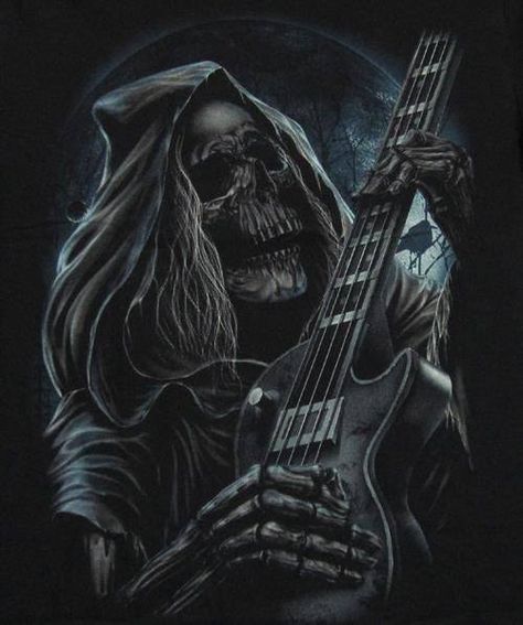 Dead Rocker Grim Reaper Tattoo, Reaper Tattoo, Grim Reaper Art, Guitar Tattoo, Heavy Metal Art, Arte Alien, Skull Artwork, Skeleton Art, Music Tattoos