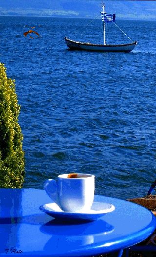 Blue Good Morning, I Need Vitamin Sea, Morning Friends, Good Morning Coffee, Coffee Cafe, Love Coffee, A Cup Of Coffee, Coffee Love, Greek Islands