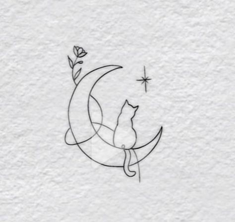 Cat Moon Tattoo Designs, Cat On The Moon Tattoo, Moon With Cat Tattoo, Cat On Moon Tattoo, Moon And Cat Tattoo, Cat Moon Tattoo, Simple Tattoos For Women, Single Line Tattoo, Planet Tattoos