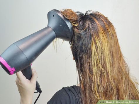 3 Ways to Use a Hair Diffuser - wikiHow How To Diffuse Straight Hair, Diffusing Straight Hair, How To Use A Diffuser On Straight Hair, Diffuser On Straight Hair, Scrunched Hair, Blow Dryer Diffuser, Hair Dryer Diffuser, Hair Diffuser, Long Hair Images