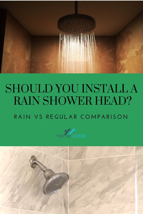 Learn the differences between a rain and a regular shower head, and find out which one is best for your bathroom. Whether ceiling mounted or combined with a handheld unit, rain showerheads provide a luxury, spa look and feel. #homeviable #showerhead #rain #bathroom #homeimprovement Rainhead Shower Head From Ceiling, Rain Shower Ideas, Ceiling Rain Shower Head, Rain Shower Head Ceiling, Shower Head Placement, Rain Shower Bathroom, Rainhead Shower, Ceiling Mounted Shower Head, Shower Alcove