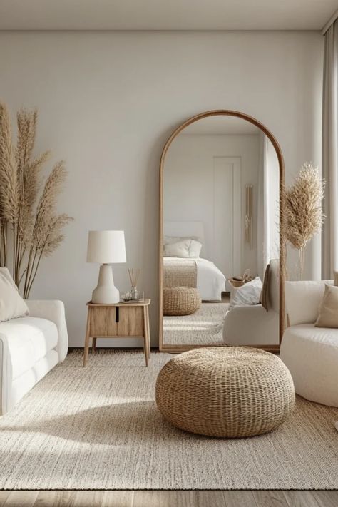 Image showing creative ways to use mirrors in small spaces like apartments, enhancing decor and light. Minimal Mirror Selfie, Mirror And Chair Corner Bedroom, Mirror In A Corner, Studio Apartment Mirror Ideas, Mirror Area In Living Room, Big Mirror Small Living Room, Small Living Room Mirror Ideas, Mirror Wall In Dining Room, Styling Studio Apartment