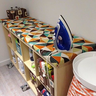 Ironing Board Storage, Small Sewing Rooms, Craft Room Tables, Quilt Room, Sewing Room Inspiration, Sewing Room Storage, Ironing Board Cover, Sewing Room Design, Sewing Room Decor