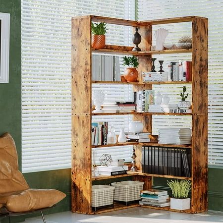 Made from P2 grade MDF, this L-shaped 6-tier bookshelf is ideal for storing books, photographs, curios, trinkets and displaying beautiful items. Elegant and rustic, it complements your home dcor and takes your office design to new heights. In addition, not only can it be used as a large bookshelf to store bookshelves and files in your home or office, but also place it in your kitchen to keep toasters, spices, cutlery and any kitchen utensils you need. Size: 35.2inchD x 35.2inchW x 70.9inchH.  Color: Brown. Tall Corner Shelf, Corner Bookshelf, Large Bookshelves, Industrial Bookcases, Corner Bookshelves, Bookshelf Storage, Etagere Bookcase, Storage Display, Corner Shelf