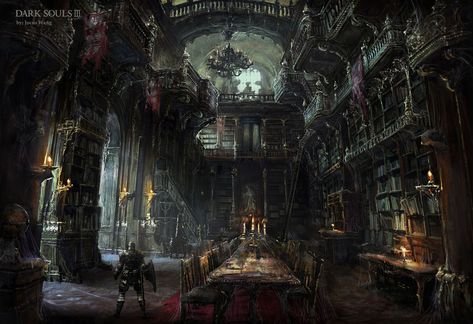 Dark Library Aesthetic, Castle Library, Dark Souls Concept Art, Interior Concept Art, Dark Gothic Art, Bloodborne Art, Dark Castle, Gothic Castle, Library Aesthetic