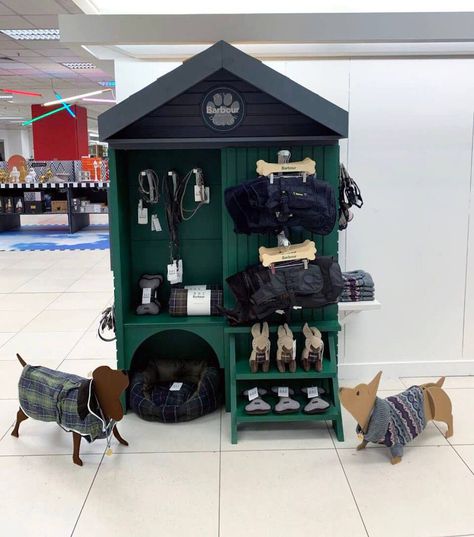 Barbour Dog Huts & Flocked Dogs | Hello Flamingo Dog Toy Display, Pet Retail Display Ideas, Dog Booth Display Ideas, Dog Leash Display, Pet Shop Display, Dog Collar Display, Dog Grooming Salon Decor, Pet Store Display, Dog Boutique Ideas