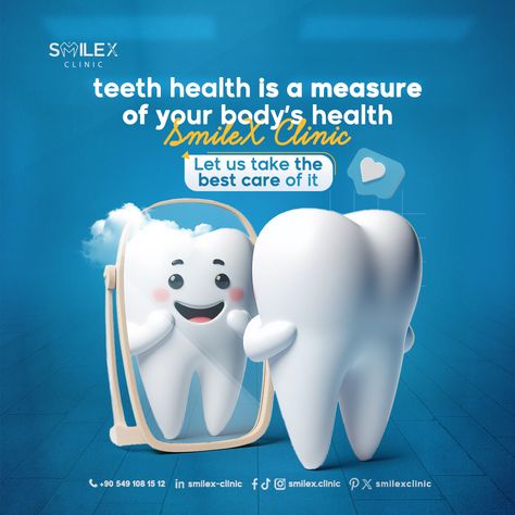 🌟💪Dental health is not only a cosmetic concern; it is a indicator of your body health.  💪 Caring for your teeth is not just about maintaining a beautiful smile, but contributing to your general well-being.  😁Start your journey to better health today! 😁  instagram: @smilex.clinic⁠ Facebook: Smilex clinic ⁠ Whatsapp: 00905491081512⁠ https://wa.me/905491081512⁠ ⁠ #tooth #dentalimplants #teethwhitening ⁠ #dentist #dental #dentistry #teeth⁠ #orthodontics #straightteeth #veneers⁠ Dentist Social Media Post Design, Dental Clinic Instagram Post, Dental Creative Post, Dental Instagram Post Ideas, Dental Clinic Poster, Dentist Advertising, Body Logo Design, Dental Post, Dental Poster