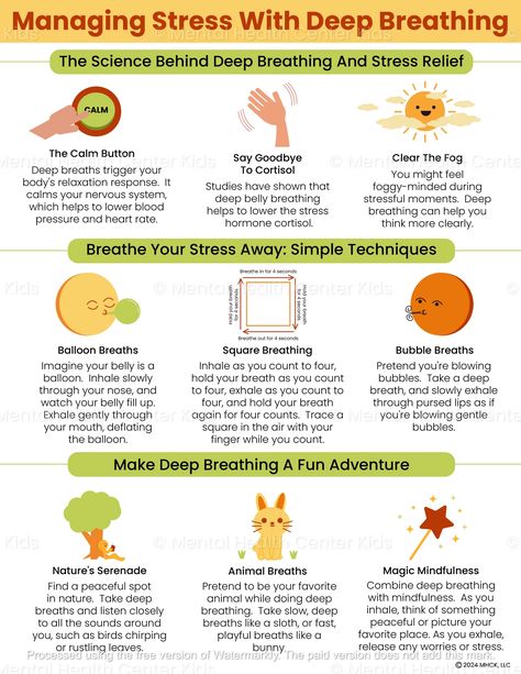 Deep Breathing for Stress Relief Handout for Kids and Teens Mood Improvement, Square Breathing, Foggy Mind, Health Maintenance, Fun Exercises, Counseling Worksheets, Breath Work, Relaxation Response, Belly Breathing