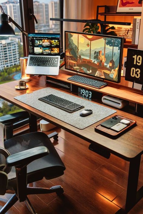 Laptop Setup Work Spaces, Modern Computer Table Design, Laptop Desk Ideas, Home Office Computer Setup, Laptop Desk Setup, Work Desk Setup, Wfh Desk Setup, Computer Table Design, Wfh Desk