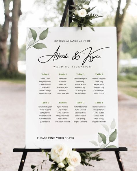 Greenery botanical aesthetic wedding seating chart Black And White Seating Chart, White Seating Chart, Bridal Tea Invitations, Seating Chart Wedding Diy, Ceremony Program Template, Wedding Seating Signs, Gold Table Numbers Wedding, Table Planner, Rustic Wedding Programs