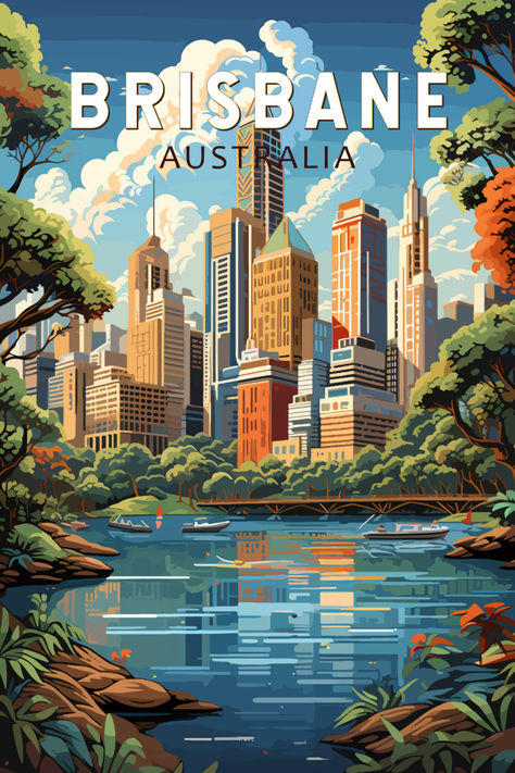 Vintage-style poster capturing the dynamic cityscape of Brisbane, Australia, perfect for adding retro vibes to your decor Vintage Travel Posters Art Deco, Travel Graphic Design, Australia Poster, Art Deco Travel Posters, Posters Australia, Australia Brisbane, Wanderlust Decor, Poster Vintage Retro, Travel Poster Design