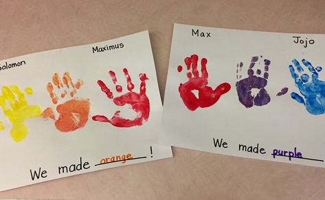 Friendship Color Mixing, Handprint Color Mixing, Friendship Color Mixing Preschool, Friendship Handprints Preschool, Infant Friendship Activities, Sharing Art Activities For Preschool, Friendship Art Projects For Preschoolers, Love And Friendship Activities For Preschool, Family And Friends Theme Infants