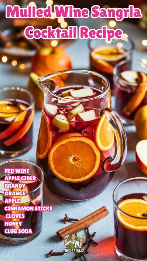 "Warm up your holidays with this delightful Mulled Wine Sangria cocktail recipe! Perfect for cozy gatherings, this spiced mulled wine combines rich red wine with festive flavors, making it an ideal choice for Thanksgiving and Christmas celebrations. Discover how to create this homemade mulled wine infused with apple cider and aromatic spices. Elevate your alcoholic drinks recipes with this easy-to-follow mulled wine recipe that’s sure to impress your guests!" Alcoholic Drinks Recipes, Spiced Wine Recipe, Homemade Mulled Wine, Thanksgiving Sangria, Apple Cider Sangria Recipe, Homemade Wine Recipes, Wassail Recipe, Holiday Sangria, Wine Cocktail Recipes