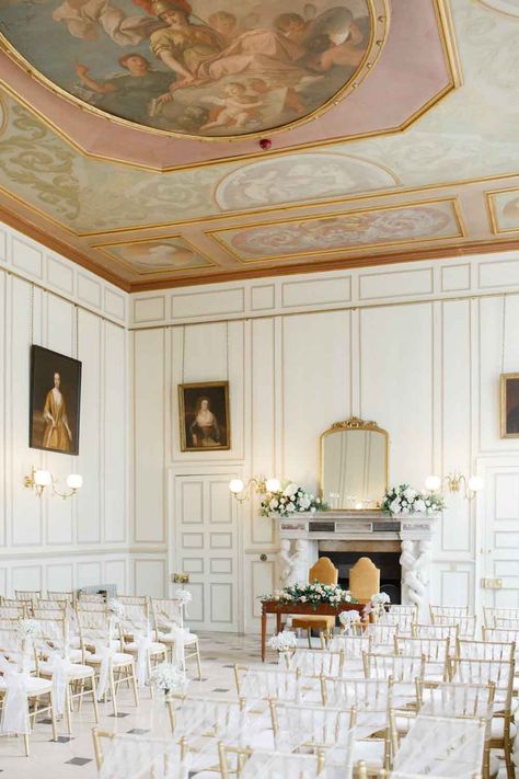 Grand Salon ceremony setup at Gosfield Hall Timeless Wedding Decor, Gosfield Hall, Wedding Fireplace, Wedding Halls, Function Hall, Venue Inspiration, English Manor Houses, Timeless Wedding Dress, Hall Interior