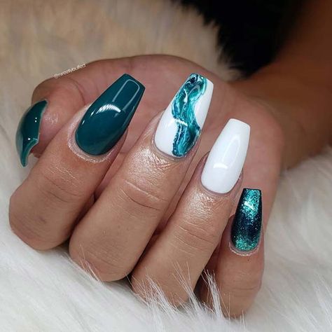 Nails That Go With Teal Dress, Teal Nail Art Designs, White Teal Nails, Marble Turquoise Nails, Deep Teal Nails Design, Prom Nails For Teal Dress, Torquise Nails Turquoise Design, Dark Teal And Orange Nails, Teal And Gray Nails