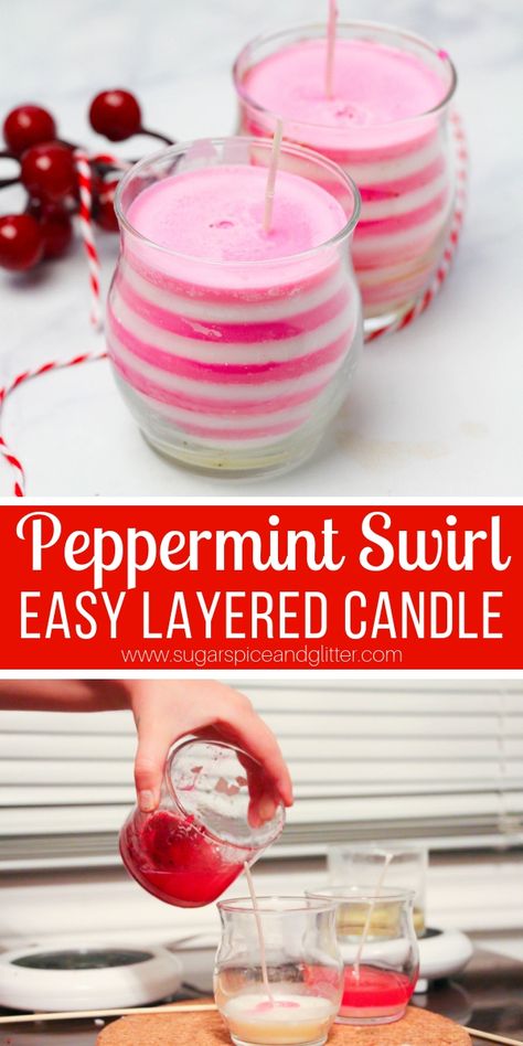 How to make a peppermint swirl candle - with kids! This easy homemade Christmas gift smells amazing and is super easy to make with just a few inexpensive materials How To Make Swirl Candles, Peppermint Candles Diy, How To Make Candle Wax Melts, Candy Cane Candles Diy, Diy Christmas Candles Gift, Making Christmas Candles, Christmas Candle Making, Diy Peppermint Candle, Homemade Christmas Candles