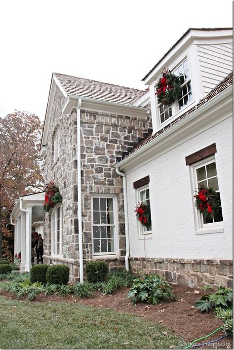 wreath flanked windows of beautiful stone exterior home Stone Exterior Houses, Stone Farmhouse, Old Stone Houses, Farmhouse Remodel, Casas Coloniales, Casa Exterior, Modern Farmhouse Exterior, Stone Cottage, Exterior Stone