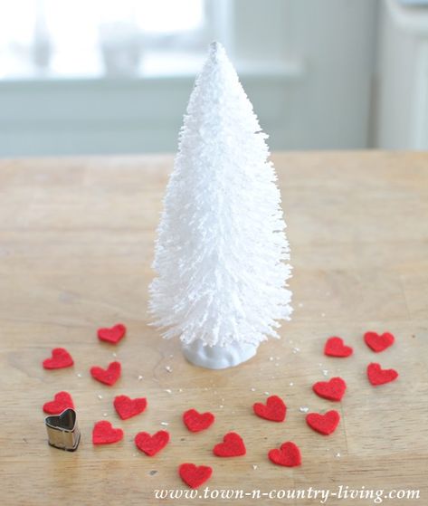 How to Make Valentine Bottle Brush Trees | Town & Country Living Valentine Bottle Brush Tree, Valentine Christmas Tree, Tree Town, Easy Valentine Crafts, Diy Valentine's Day Decorations, Valentine's Decor, Valentines Inspiration, Valentines Crafts, February Valentines