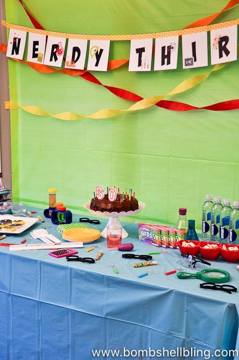 Nerdy First Birthday Party Ideas, Nerd Theme Party, Nerd Party Decorations, Dti Nerd Theme, Nerd Birthday Party, Nerdy 30 Birthday Party, Nerdy Thirty Party, Nerd Birthday, Party Planning 101