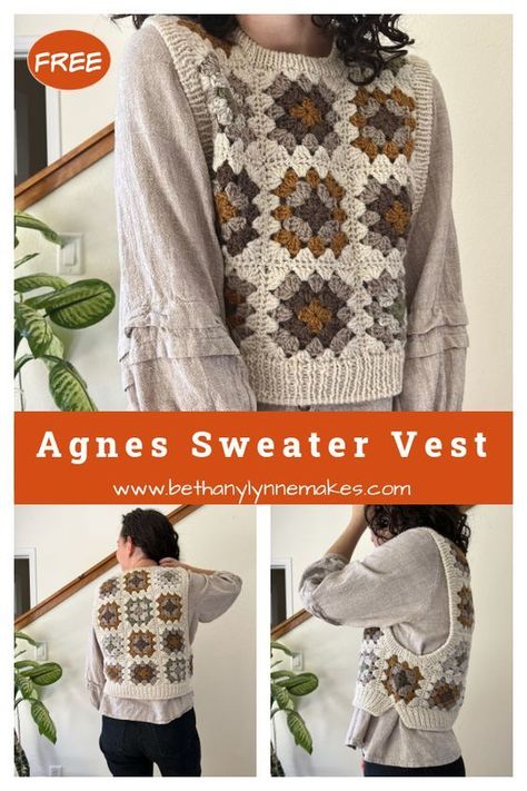 Agnes Sweater Vest Free Crochet Pattern Agnes Sweater Vest, Crochet Mens Clothes Pattern, Granny Square Sweater Vest Pattern Free, Crochet Gilet Free Pattern, Crochet Gilet Pattern, Vest Crochet Pattern Free, Granny Square Clothes, Diy Crochet Vest, Granny Square Sweater Vest