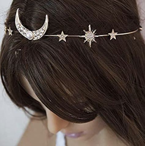 Gold Wedding Hair Accessories, Moon Headband, Gold Hair Accessories Wedding, Space Hair, Moon Accessories, Chain Headpiece, Art Deco Hair, Hair Chains, Star Headband