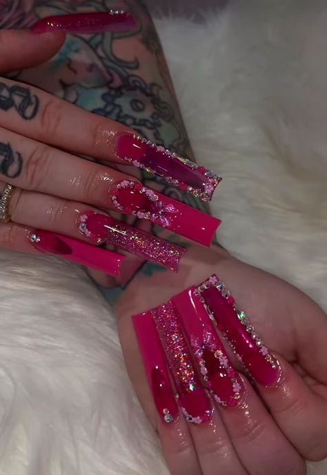 Pink Nails Extra, Pink Money Nails, Hot Pink Junk Nails, Pink Long Bling Nails, Pink Extendo Nails Designs, Pink Glam Nails Long, Extra Long Pink Nails, Hot Pink Xl Acrylic Nails, Junk Nails