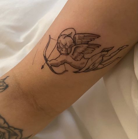 Cherub With Arrow Tattoo, Side Angel Tattoo, Cherub Bow And Arrow Tattoo, Angel Bow And Arrow Tattoo, 2 Baby Angel Tattoo, Cherub With Bow And Arrow, Heart Bow And Arrow Tattoo, Angel With Bow And Arrow Tattoo, Cupid Bow And Arrow Tattoo