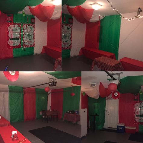 Christmas Party Garage, Decorate Garage For Christmas Party, Christmas Party In Garage, Christmas Garage Party, Garage Christmas Party, Christmas Party Ideas Decorations, Diy Christmas Party Decorations, Garage Party Decorations, Whoville Decorations