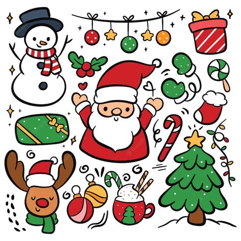 Premium Vector | Christmas cartoon concept hand drawn doodle elements vector illustration Christmas Cartoon Illustration, Christmas Elements Illustration, Christmas Cartoon Drawings, Christmas Theme Drawing, Xmas Doodles, Cartoon Drawing Images, Xmas Cartoon, Christmas Gift Vector, Quotes Doodles