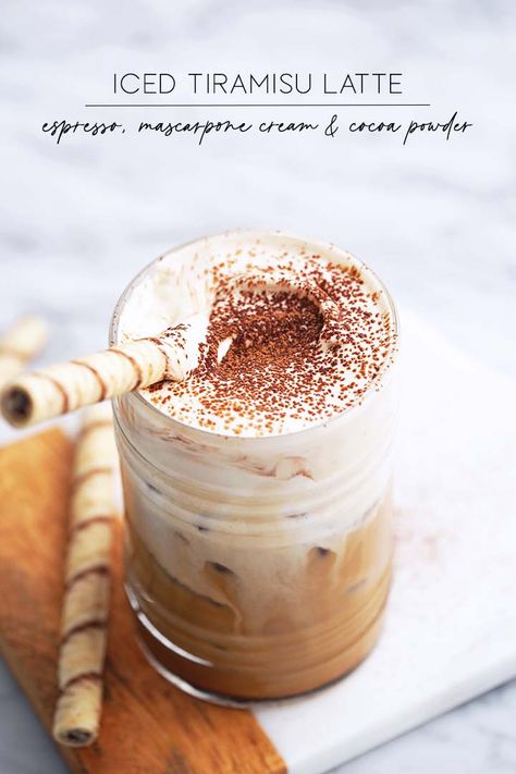 iced tiramisu latte graphic Blonde Coffee Drinks, Tiramisu Iced Coffee, Tiramisu Latte Recipes, Unique Latte Recipes, Cafe Drinks Ideas, Tiramisu Cold Foam, Iced Latte Flavor Ideas, Tiramisu Drink Recipe, Tiramisu Coffee Drink