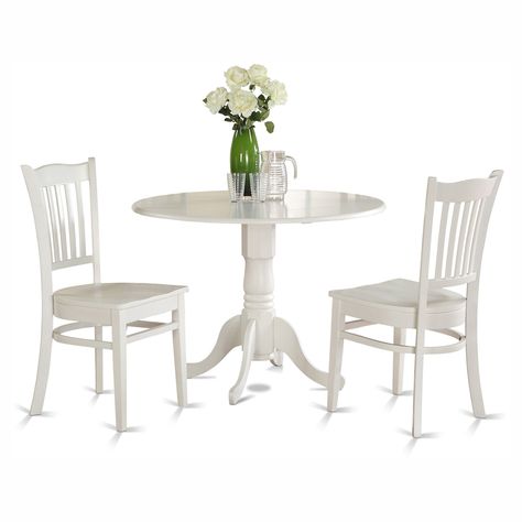 East West Furniture Dublin 3 Piece Drop Leaf Dining Table Set with Groton Wooden Seat Chairs Circular Kitchen Table, Kitchen Dinette Sets, Small Kitchen Table, Small Kitchen Table Sets, White Kitchen Table, Dinette Chairs, Round Dining Room Table, Small Kitchen Tables, Round Dining Table Sets